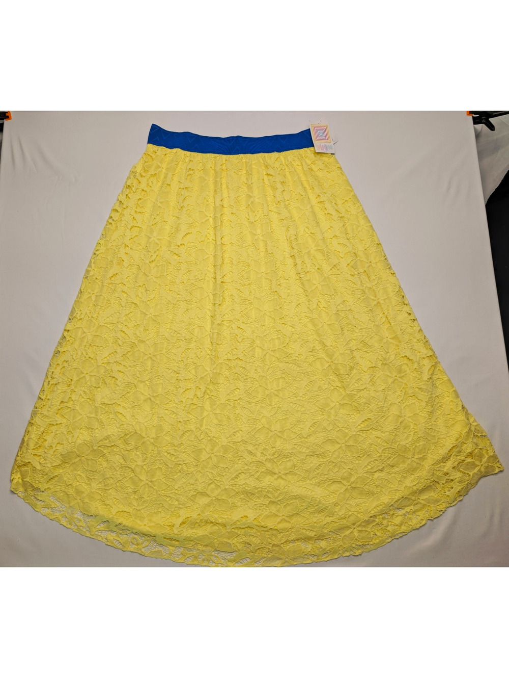 NWT LulaRoe Lucy Floral Yellow Lace Blue Elastic Waistband Boho Maxi Skirt 2XL
